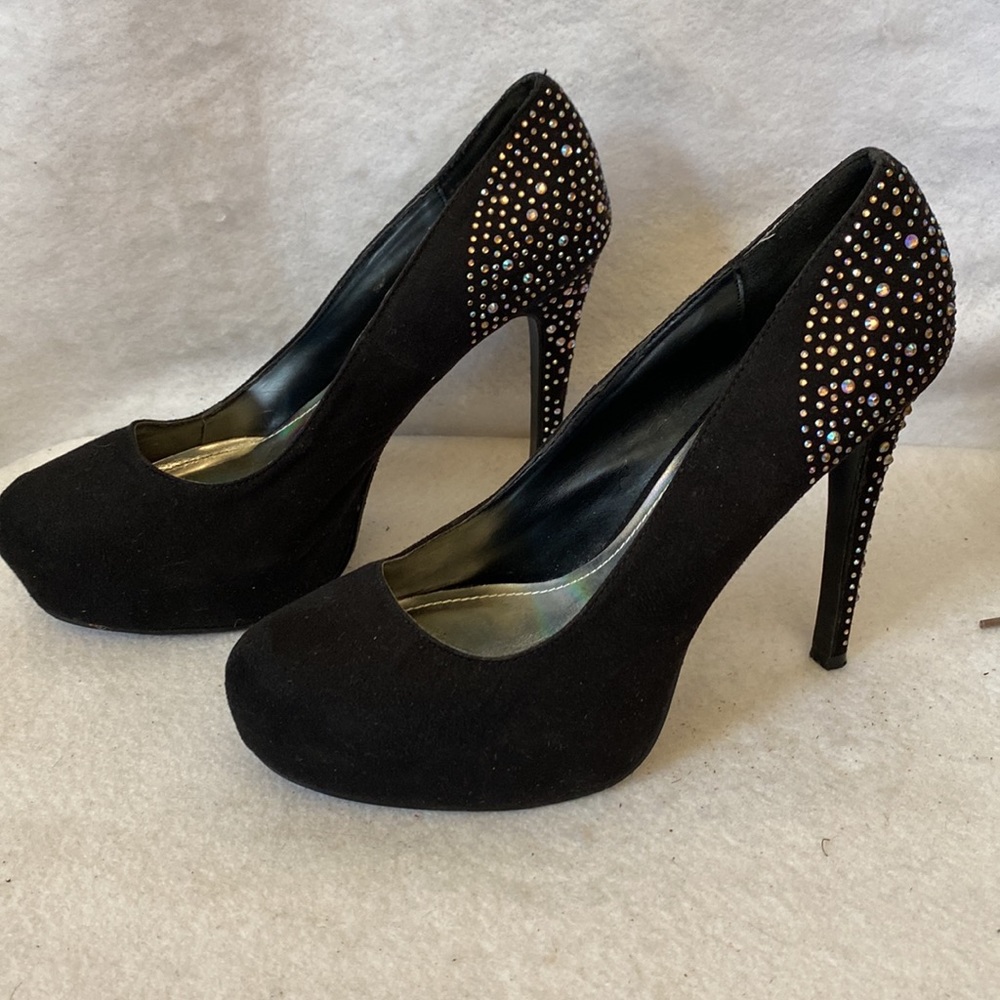 Derek Heart Black Rhinestone Embellished Heels